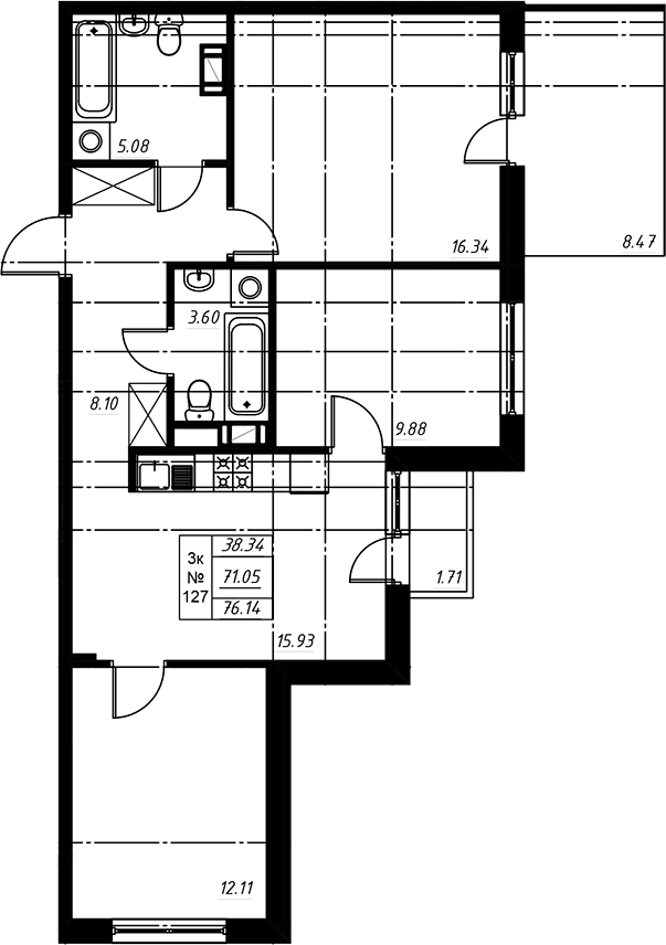 Планировка: 4Е-к.кв · 76,27 м²