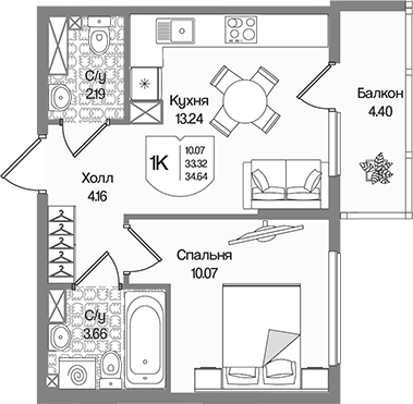 Планировка: 1 комната · 34,64 м²