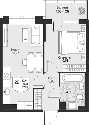 Планировка: 2Е-к.кв · 37,65 м²