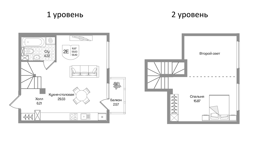 Планировка: 2Е-к.кв · 56,4 м²