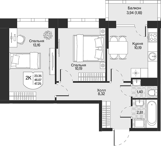Планировка: 2 комнаты · 47,25 м²