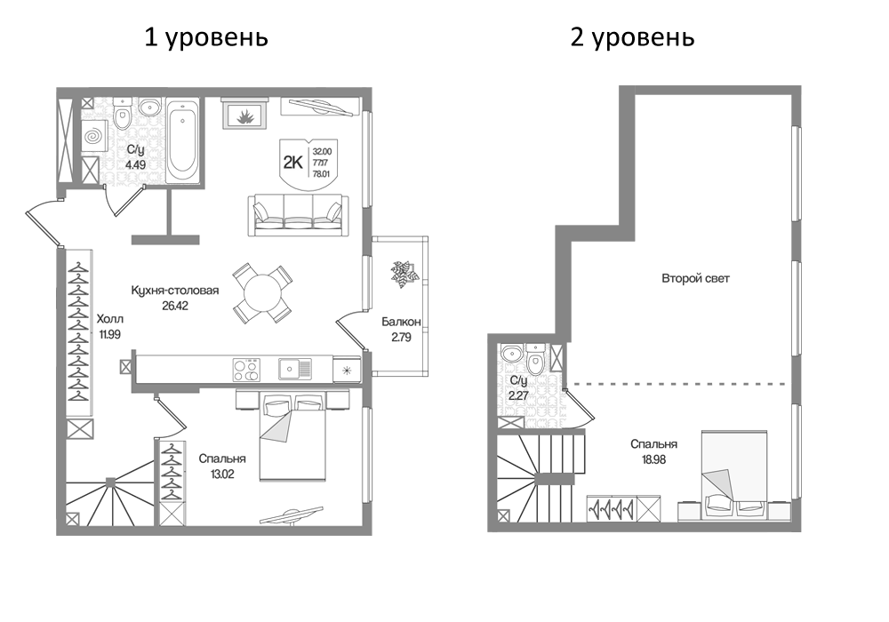 Планировка: 2 комнаты · 78,01 м²