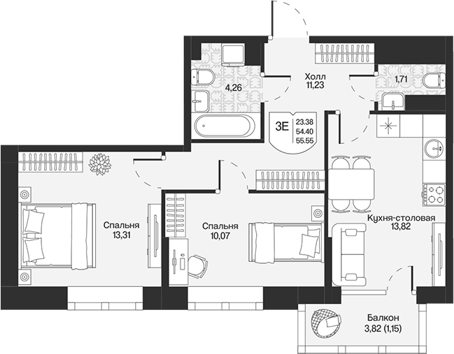 Планировка: 3Е-к.кв · 55,55 м²