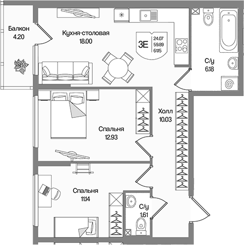 Планировка: 3Е-к.кв · 61,15 м²