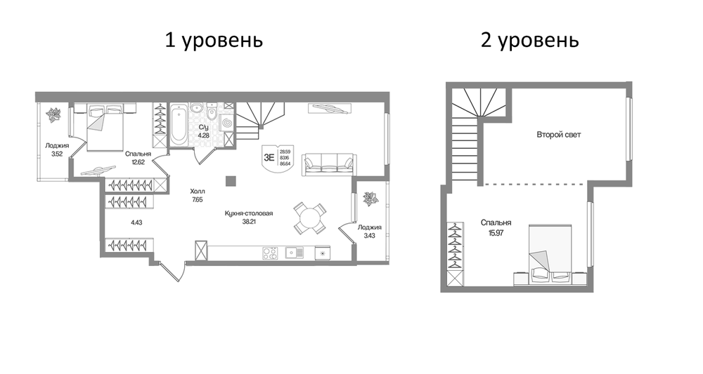 Планировка: 3Е-к.кв · 86,64 м²