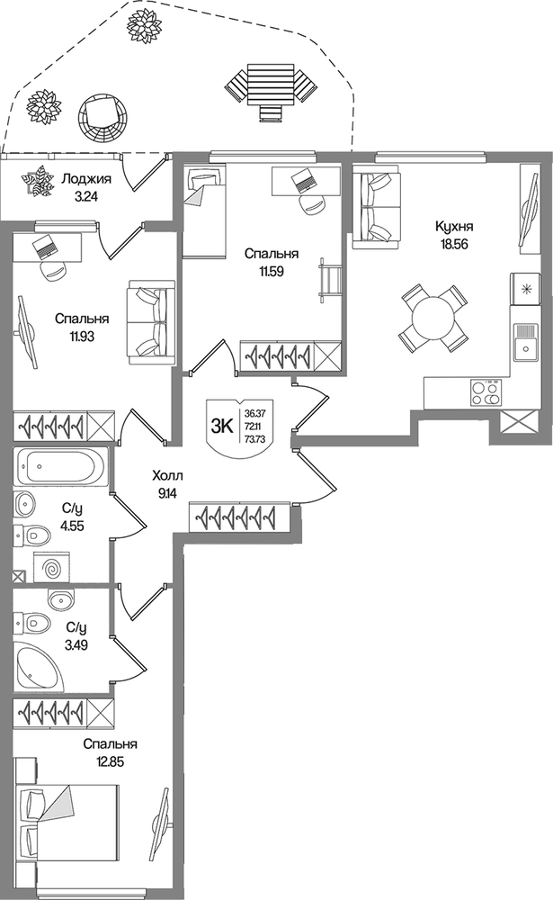 Планировка: 3 комнаты · 73,73 м²