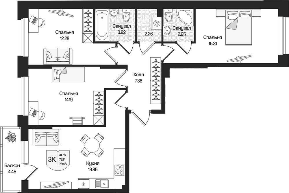 Планировка: 3 комнаты · 79,48 м²