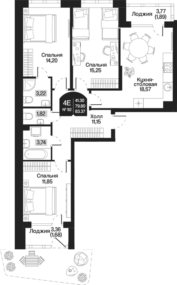 Планировка: 4Е-к.кв · 83,37 м²