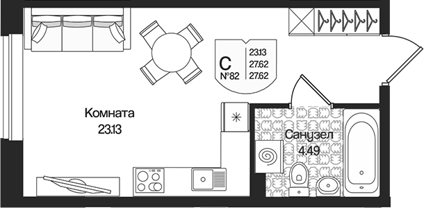 Планировка: Студия · 27,62 м²