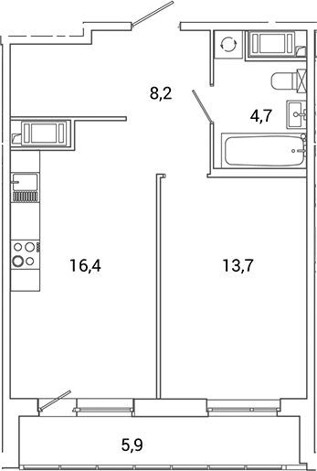 Планировка: 2Е-к.кв · 45,8 м²