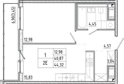 Планировка: 2Е-к.кв · 44,32 м²