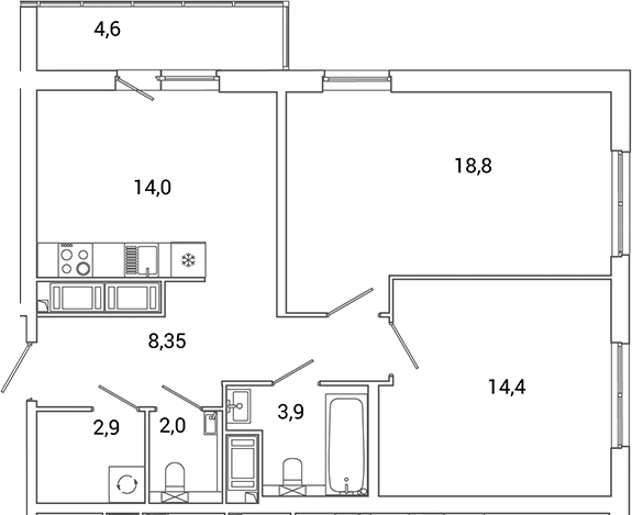 Планировка: 2 комнаты · 66,65 м²