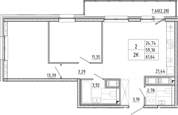 Планировка: 3Е-к.кв · 61,64 м²