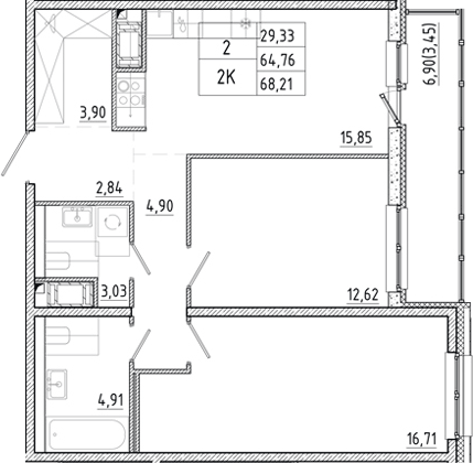 Планировка: 3Е-к.кв · 68,21 м²