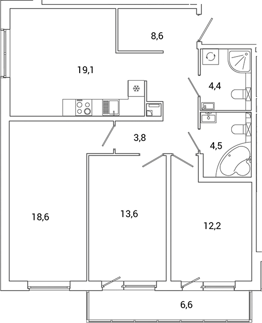 Планировка: 4Е-к.кв · 86,63 м²