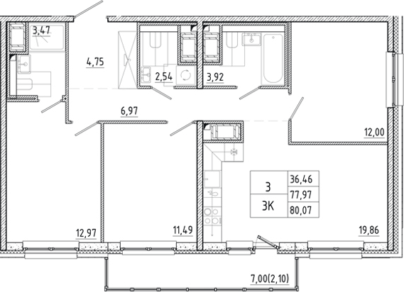 Планировка: 4Е-к.кв · 80,07 м²