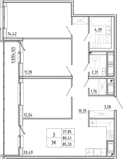 Планировка: 4Е-к.кв · 85,33 м²