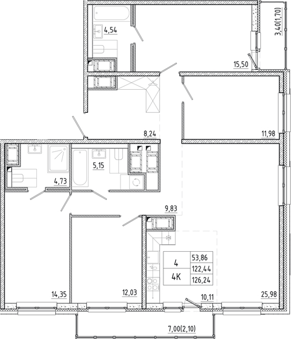 Планировка: 5Е-к.кв · 126,24 м²