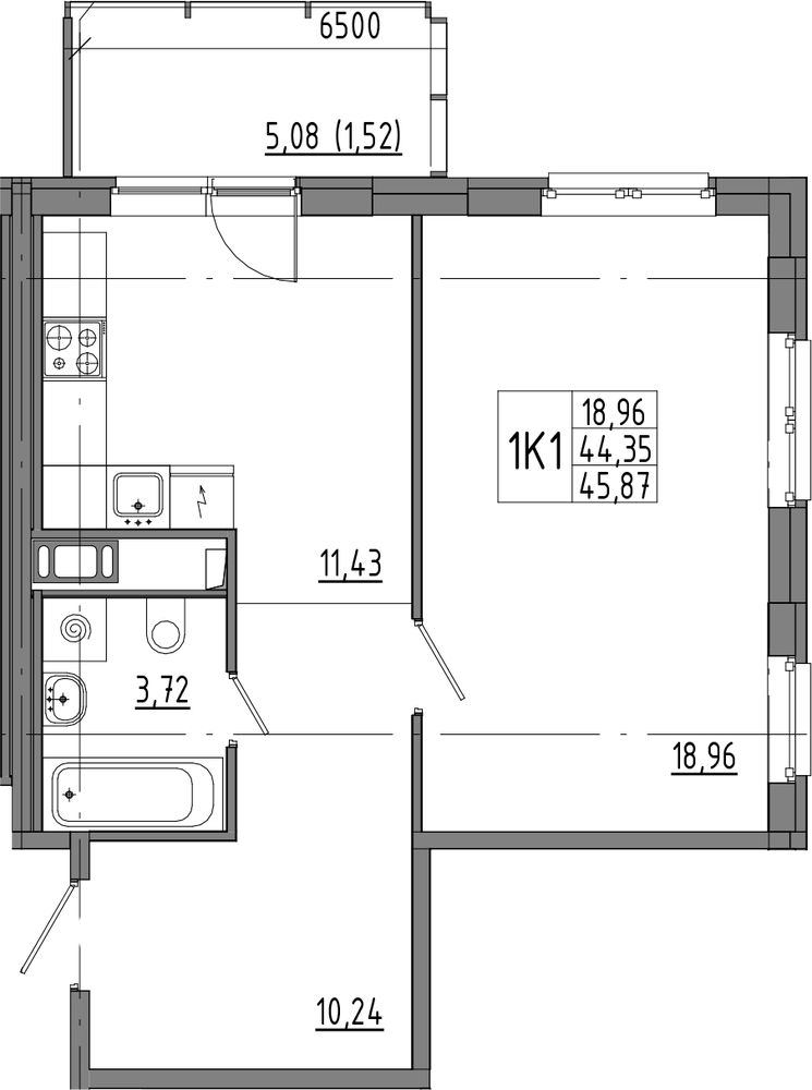Планировка: 1 комната · 45,87 м²