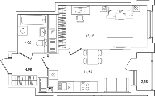 Планировка: 1 комната · 41,09 м²