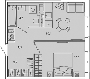 Планировка: 1 комната · 33,58 м²
