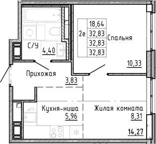 Планировка: 2Е-к.кв · 32,83 м²