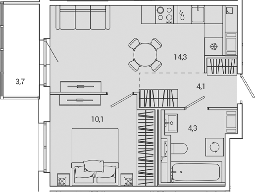 Планировка: 2Е-к.кв · 33,94 м²
