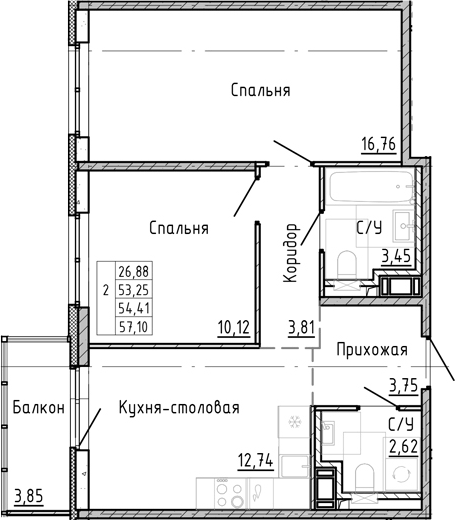 Планировка: 2 комнаты · 54,41 м²