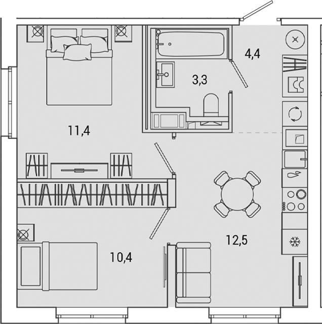 Планировка: 2 комнаты · 42,06 м²