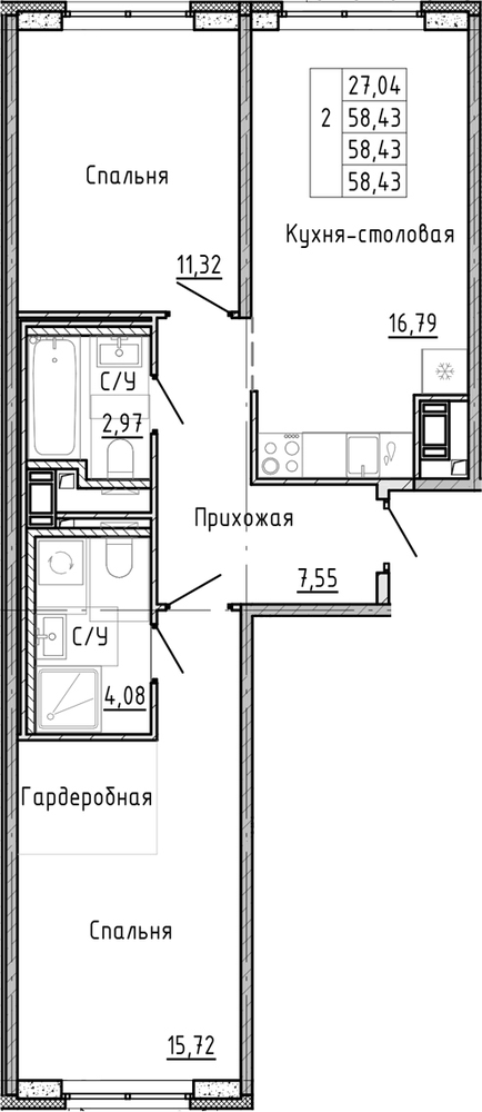 Планировка: 3Е-к.кв · 58,43 м²