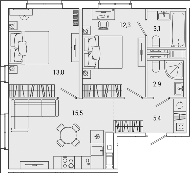 Планировка: 3Е-к.кв · 52,98 м²