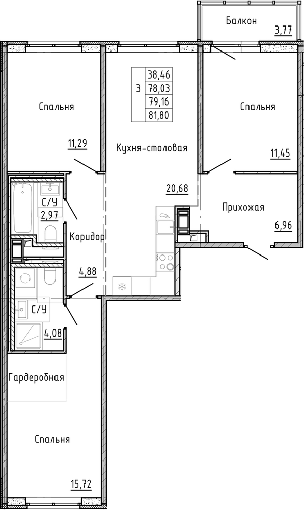 Планировка: 4Е-к.кв · 79,16 м²