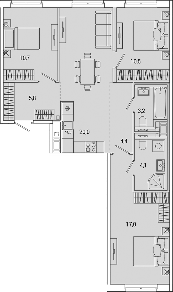 Планировка: 4Е-к.кв · 75,72 м²