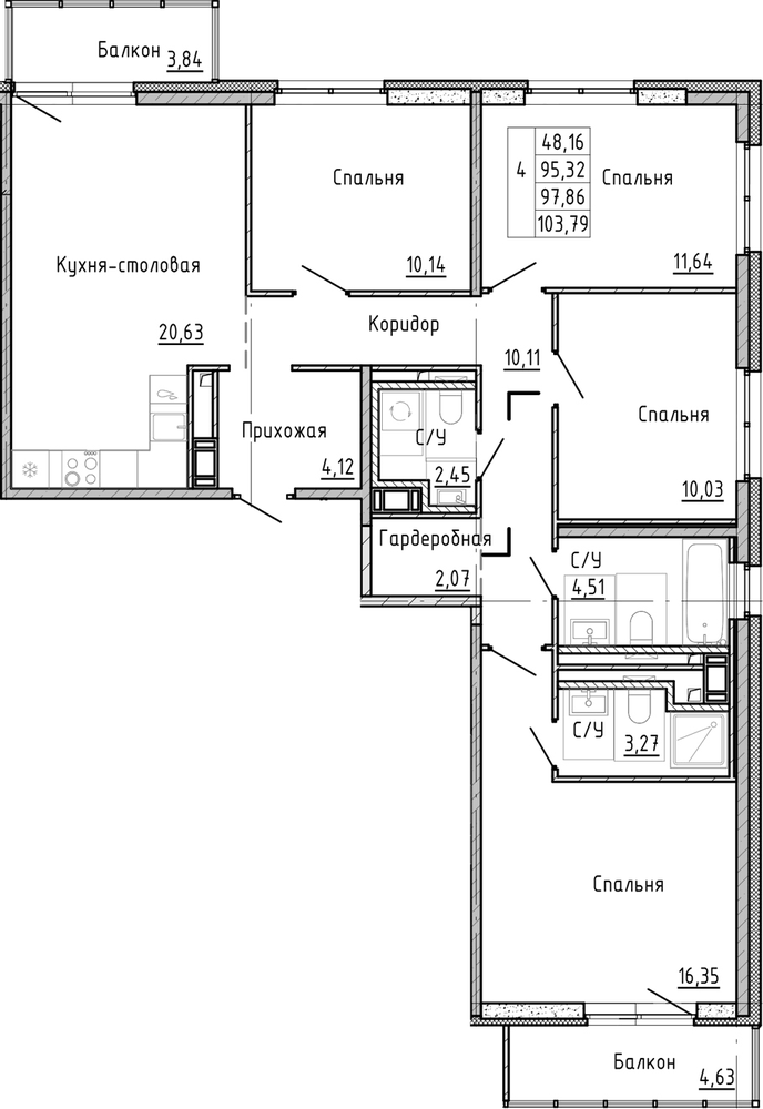 Планировка: 5Е-к.кв · 97,86 м²
