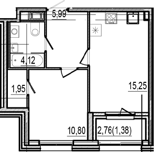 Планировка: 1 комната · 39,49 м²