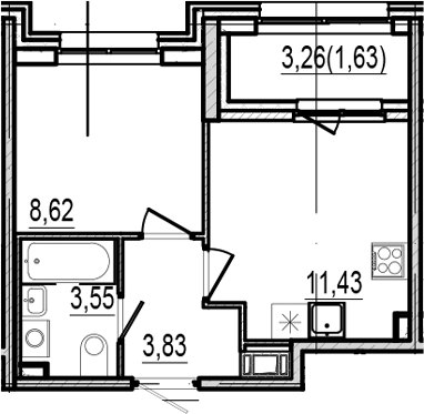 Планировка: 2Е-к.кв · 29,06 м²