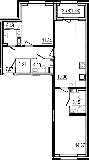 Планировка: 2 комнаты · 64,23 м²