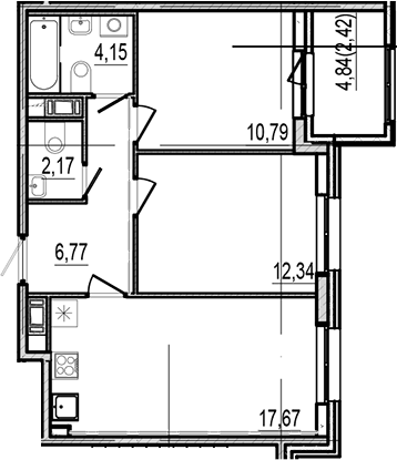 Планировка: 3Е-к.кв · 56,31 м²