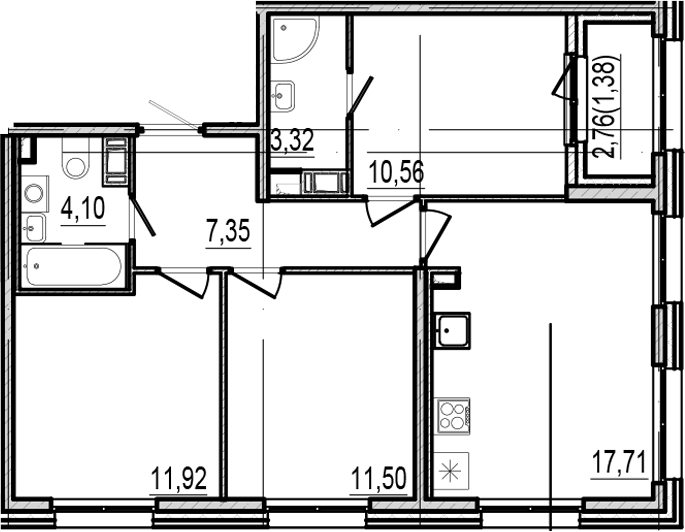 Планировка: 3 комнаты · 67,84 м²