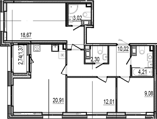 Планировка: 3 комнаты · 81,59 м²