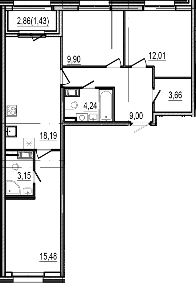 Планировка: 4Е-к.кв · 77,06 м²