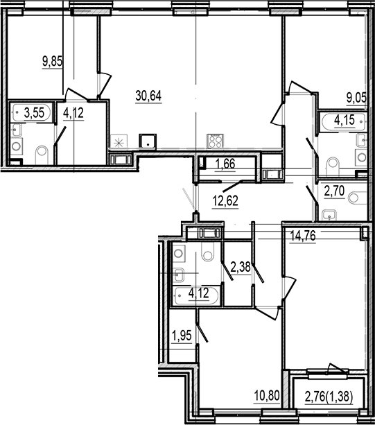 Планировка: 5Е-к.кв · 113,73 м²