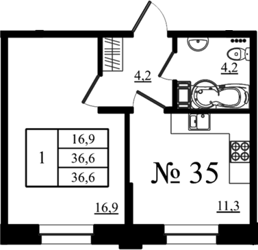Планировка: 1 комната · 36,6 м²