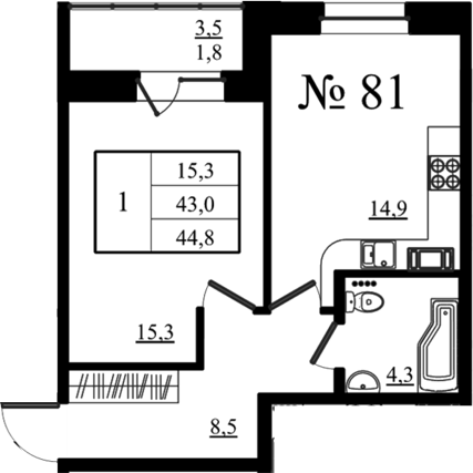Планировка: 1 комната · 44,8 м²