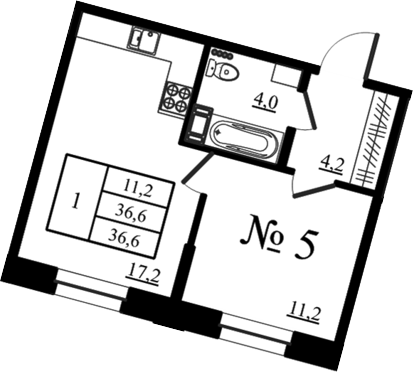 Планировка: 2Е-к.кв · 36,6 м²