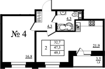 Планировка: 2Е-к.кв · 49,1 м²