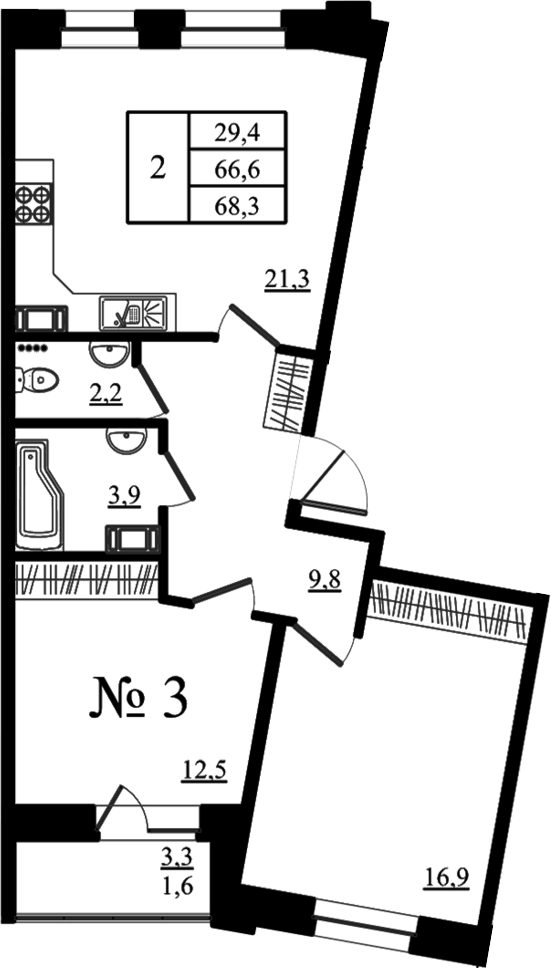 Планировка: 3Е-к.кв · 68,3 м²