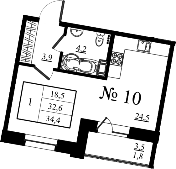 Планировка: Студия · 34,4 м²