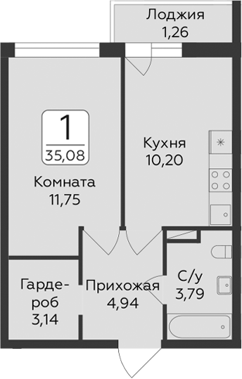 Планировка: 1 комната · 35,08 м²
