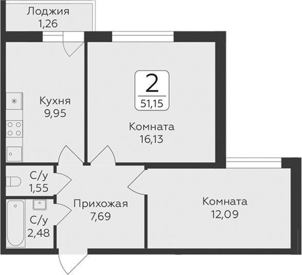Планировка: 2 комнаты · 51,15 м²